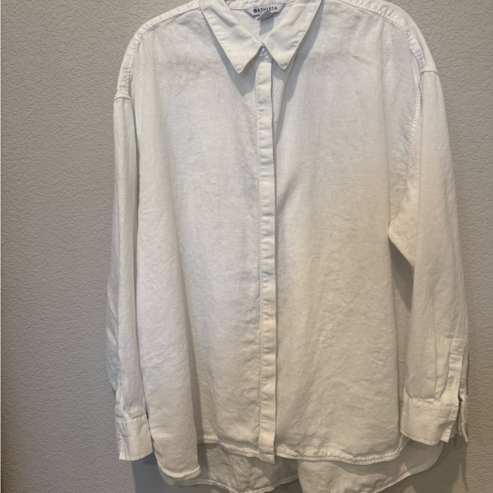 Athleta White Linen Button-Up Shirt